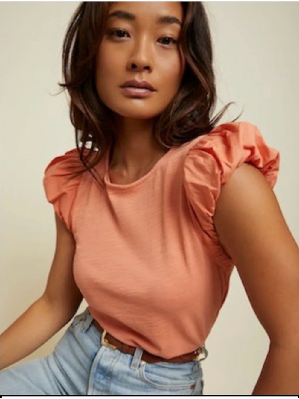 Nation LTD Audra Tee Ruffle Sleeve Top in Coral (Bellini)